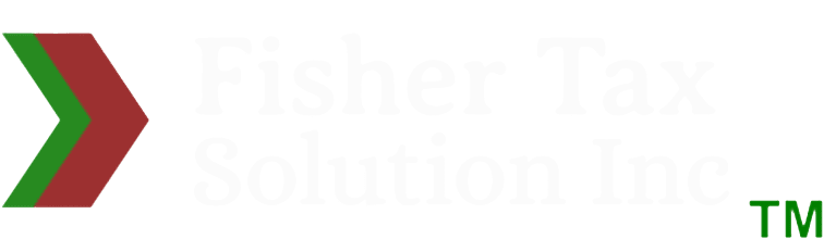 Logo for Fisher Tax Solution Inc featuring a red and green chevron on the left, with the company name in white text and a green "TM" symbol in the bottom right corner.